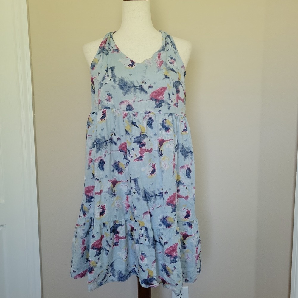 Bellambra Womans Mini Dress Size S Blue Linen Tiered Halter Tie Back Coastal